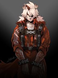 Rule 34 | 1boy, animal ears, arknights, artist name, bad id, bad twitter id, dog ears, furry, furry male, gradient background, highres, horns, hung (arknights), mochida (hyxm), one eye covered, orange eyes, prison clothes, single horn