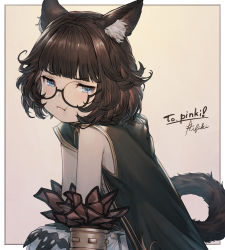 Rule 34 | 1girl, animal ear fluff, animal ears, blouse, blue eyes, blunt bangs, brown hair, cat ears, cat girl, cat tail, commission, flat chest, framed, freckles, frown, glasses, hood, hood down, ivris, looking to the side, original, pout, semi-rimless eyewear, shirt, short hair, signature, skeb commission, sleeveles, sleeveless, sleeveless shirt, solo, tail, under-rim eyewear