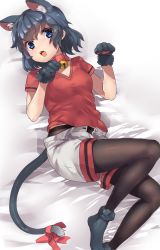 Rule 34 | 1girl, animal ear fluff, animal ears, animal hands, bell, black hair, black pantyhose, blue eyes, blush, bow, cat ears, cat girl, cat tail, collar, covered erect nipples, extra ears, fang, fur trim, gloves, highres, kaban (kemono friends), kemono friends, kemonomimi mode, lying, neck bell, no headwear, on back, on bed, open mouth, pantyhose, pantyhose under shorts, paw gloves, paw pose, red bow, red collar, red shirt, shirt, short hair, short sleeves, shorts, solo, t-shirt, tadano magu, tail, tail bow, tail ornament