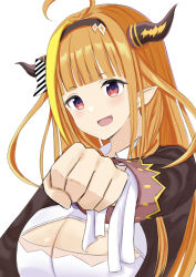 Rule 34 | 1girl, :d, ahoge, black hairband, black jacket, blonde hair, blunt bangs, bow, breasts, cleavage, cleavage cutout, clothing cutout, commentary request, diagonal-striped bow, dragon horns, fang, hairband, highres, hololive, horns, jacket, kiryu coco, kiryu coco (1st costume), long hair, long sleeves, looking at viewer, medium breasts, multicolored hair, natsuki (natukituki), open mouth, orange hair, pointy ears, red eyes, shirt, simple background, smile, solo, streaked hair, very long hair, virtual youtuber, white background, white shirt