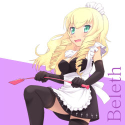 Rule 34 | 1girl, apron, black thighhighs, blonde hair, blush, breasts, character name, drill hair, elbow gloves, fang, female focus, gloves, green eyes, long hair, maid, maid apron, maid headdress, meow (nekodenki), open mouth, original, riding crop, solo, thighhighs, twin drills