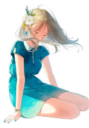 Rule 34 | 1girl, absurdres, bare legs, blonde hair, blue dress, blue nails, blush, buttons, commentary, daisy, dress, earrings, english commentary, expressionless, flower, full body, gradient dress, hair flower, hair ornament, hami yura, highres, jewelry, looking down, medium dress, nail polish, original, shaded face, short sleeves, simple background, sitting, solo, watch, white background, wristwatch, yellow eyes, yokozuwari