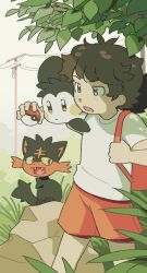 Rule 34 | 1boy, backpack, bag, brown hair, child, commentary, commission, creatures (company), emolga, english commentary, game freak, gen 5 pokemon, gen 7 pokemon, grass, green eyes, highres, holding, holding poke ball, holding strap, litten, magicact, male focus, nintendo, open mouth, orange shorts, original, outdoors, poke ball, poke ball (basic), pokemon, pokemon (creature), power lines, rock, shirt, short hair, short sleeves, shorts, standing, t-shirt, utility pole, white shirt