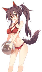 Rule 34 | 1girl, :o, animal ears, ball, beachball, bikini, breasts, brown hair, cleavage, cowboy shot, fang, high ponytail, highres, imaizumi kagerou, long hair, maturiuta sorato, navel, open mouth, ponytail, red bikini, red eyes, sidelocks, simple background, solo, standing, strapless, swimsuit, tail, touhou, white background, wolf ears, wolf tail