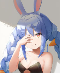 Rule 34 | 1girl, absurdres, animal ear fluff, animal ears, bare arms, bare shoulders, black leotard, blue hair, braid, breasts, carrot hair ornament, closed mouth, clothing cutout, collarbone, covering own eyes, food-themed hair ornament, hair ornament, hand over eye, highres, hikimayu, hololive, leotard, long hair, looking at viewer, multicolored hair, orange eyes, playboy bunny, qingyunmengyi, rabbit-shaped pupils, rabbit ears, short eyebrows, small breasts, smile, solo, strapless, strapless leotard, symbol-shaped pupils, twin braids, twintails, two-tone hair, underboob cutout, upper body, usada pekora, usada pekora (1st costume), virtual youtuber, white hair