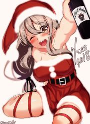 Rule 34 | 1girl, belt, blush, bottle, breasts, brown eyes, buckle, commentary, dress, drunk, eyes visible through hair, fur-trimmed dress, fur trim, gradient background, grey hair, hair between eyes, hat, highres, holding, holding bottle, kantai collection, large breasts, leg ribbon, long hair, looking at viewer, merry christmas, one eye closed, open mouth, pola (kancolle), red dress, red ribbon, ribbon, santa hat, sazamiso rx, sidelocks, signature, simple background, skindentation, smile, solo, strapless, strapless dress, thick eyebrows, wavy hair