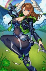 Rule 34 | &gt;:), 1girl, belt, black bodysuit, black choker, black jacket, blue eyes, bodysuit, breasts, brown hair, choker, cleavage, cloud, clover, covered navel, eunie (xenoblade), feathers, four-leaf clover, grass, head wings, holding, holding staff, holding weapon, hood, jacket, large breasts, looking at viewer, medium hair, open clothes, open jacket, rainbow, sky, smile, solo, staff, tattoo, thighs, twitter username, v-shaped eyebrows, weapon, white wings, wide hips, wings, xenoblade chronicles (series), xenoblade chronicles 3, yagi (kyuhyun)