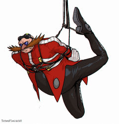 Rule 34 | 1boy, arms behind back, artist name, bdsm, bondage, bound, commentary request, dr. eggman, facial hair, fat, fat man, glasses, gloves, goggles, goggles on head, male focus, mustache, restrained, rope, russian commentary, sega, shibari, simple background, solo, sonic (series), suspension, totesfleisch8, white background, white gloves