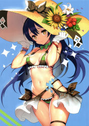 Rule 34 | 1girl, absurdres, bikini, blue background, blue hair, breasts, cowboy shot, flower, frilled bikini, frills, gloves, hair between eyes, hands on headwear, hat, hat flower, headgear, highres, holding, kinjo kuromomo, long hair, looking at viewer, love live!, love live! school idol festival, love live! school idol project, medium breasts, navel, non-web source, scan, simple background, skindentation, solo, sonoda umi, sun hat, sunflower, swimsuit, white gloves, yellow eyes