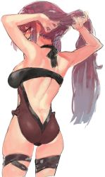 Rule 34 | 1girl, adjusting hair, armpits, arms behind head, arms up, ass, back, back cutout, backless swimsuit, bad id, bad twitter id, black one-piece swimsuit, blush, bow, breasts, butt crack, casual one-piece swimsuit, clothing cutout, cowboy shot, embarrassed, from behind, girls&#039; frontline, hair between eyes, half-closed eyes, holding, holding own hair, large breasts, long hair, long sleeves, looking at viewer, looking back, multicolored clothes, official alternate costume, one-piece swimsuit, profile, purple bow, purple hair, purple one-piece swimsuit, red eyes, shirt, side cutout, sideboob, sidelocks, sideways glance, simple background, sketch, skindentation, solo, standing, suisogenshi, swimsuit, swimsuit under clothes, thigh strap, very long hair, wa2000 (girls&#039; frontline), wa2000 (op. manta ray) (girls&#039; frontline), white background, white shirt