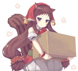 Rule 34 | 1girl, animal ears, bell, belt, box, bracelet, brown hair, closed mouth, green belt, highres, holding, holding box, jewelry, jingle bell, long hair, looking at viewer, navel, nekomo, princess connect!, purple eyes, rin (princess connect!), sidelocks, simple background, solo, squirrel ears, squirrel girl, squirrel tail, standing, tail, very long hair, white background