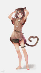 Rule 34 | 1girl, :3, animal ear fluff, animal ears, armpits, arms up, barefoot, black dress, blush, brown dress, brown hair, cat ears, cat girl, cat tail, closed mouth, collarbone, commentary request, dress, eyebrows hidden by hair, fingernails, full body, grey background, hair ornament, hairclip, heart, heart tail, highres, looking at viewer, nail polish, original, red eyes, red nails, saraki, short dress, short sleeves, signature, smile, solo, standing, tail, toenail polish, toenails, wide sleeves