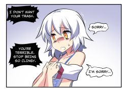 Rule 34 | 1girl, bing, bullying, comic, english text, highres, hinghoi, open mouth, orange eyes, scared, shaded face, short hair, solo, sweat, trembling, white hair