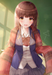 Rule 34 | 1girl, :d, absurdres, ai ai gasa, blazer, blue jacket, blush, bow, brown eyes, brown hair, classroom, collared shirt, commentary request, diagonal stripes, dress shirt, fringe trim, grey skirt, hair ornament, hairclip, highres, indoors, jacket, long hair, open clothes, open jacket, open mouth, original, plaid, plaid scarf, pleated skirt, red bow, red scarf, scarf, shirt, skirt, smile, solo, striped, striped bow, very long hair, white shirt, yukiunag1