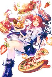 Rule 34 | 1girl, alternate costume, bird, blue bow, blue dress, blue footwear, blueberry, bow, bowl, broccoli, chicken, chopsticks, dress, food, fruit, full body, hair bow, highres, holding, holding bowl, jury (soccer spirits), legs, lime (fruit), long hair, noodles, olive, open mouth, pancake, pizza, plate, ramen, red hair, shoes, shrimp, soccer spirits, solo, pancake stack, strawberry, transparent background, twintails