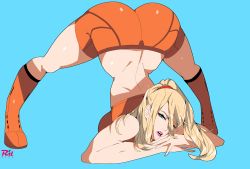 Rule 34 | 1girl, ass, blonde hair, blue eyes, breasts, flexible, full body, highres, huge ass, jack-o&#039; challenge, large breasts, legs, long hair, looking at viewer, meme, metroid, mole, mole under mouth, nintendo, ponytail, r3dfive, samus aran, shorts, simple background, smile, solo, spread legs, super smash bros., top-down bottom-up, white background