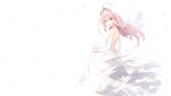 1girl absurdres ahoge backless_dress backless_outfit bare_back bare_shoulders bridal_gauntlets bridal_veil bride chinese_commentary commentary_request dress elbow_gloves gloves highres incredibly_absurdres layered_skirt long_hair long_skirt looking_at_viewer looking_to_the_side mitsuki_yuki moondrop official_art petals photoshop_(medium) pink_hair skirt solo strapless strapless_dress veil wedding_dress white_background white_dress xiaotian_lingmeng