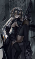 Rule 34 | 1girl, absurdres, armor, armored boots, armored dress, backless dress, backless outfit, banner, bare shoulders, black cape, black dress, black thighhighs, blonde hair, boots, breasts, cape, dress, fate/grand order, fate (series), fur collar, fur trim, gauntlets, headpiece, highres, holding, holding weapon, jeanne d&#039;arc (fate), jeanne d&#039;arc alter (avenger) (fate), jeanne d&#039;arc alter (fate), large breasts, long hair, looking at viewer, noboru (pixiv8503150), side slit, sidelocks, sitting, skull, smile, solo, thighhighs, upper body, vambraces, weapon, yellow eyes, zettai ryouiki