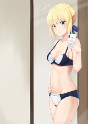 Rule 34 | 1girl, absurdres, ahoge, alternate costume, artoria pendragon (all), artoria pendragon (fate), blonde hair, blue bra, blue panties, blue ribbon, blush, bra, braid, braided bun, breasts, cellphone, cleavage, closed mouth, collarbone, cowboy shot, fate/stay night, fate (series), green eyes, groin, hair bun, hair ribbon, hand on own hip, highres, holding, holding phone, iphone, iphone x, k-ya., medium breasts, navel, panties, phone, print bra, print panties, ribbon, saber (fate), short hair, sideboob, smartphone, solo, standing, two-tone bra, two-tone panties, underwear, underwear only, white bra, white panties