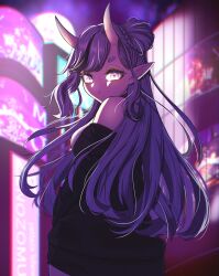 Rule 34 | 1girl, :t, absurdres, angry, black jacket, building, commentary request, cowboy shot, eyelashes, from side, hair between horns, hair bun, highres, hikimayu, horns, jacket, long hair, long sleeves, looking at viewer, mole, mole under mouth, multicolored hair, neon lights, night, nijisanji, off shoulder, official alternate costume, official alternate hairstyle, outdoors, pointy ears, pout, purple eyes, purple hair, rindou mikoto, rindou mikoto (5th costume), side up bun, single side bun, skin-covered horns, sleeveless, solo, streaked hair, swept bangs, thick eyebrows, virtual youtuber, yozakura nozomu