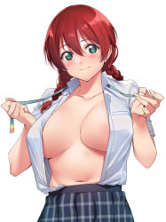 Rule 34 | 1girl, aqua eyes, blush, braid, breasts, brown hair, closed mouth, collarbone, collared shirt, emma verde, freckles, hands up, highres, large breasts, long hair, looking at viewer, love live!, love live! nijigasaki high school idol club, navel, neck ribbon, nijigasaki school uniform, no bra, open clothes, open shirt, plaid, plaid skirt, red hair, school uniform, shirt, shirt tucked in, short sleeves, simple background, skirt, smile, solo, tomohiro kai, twin braids, undone neck ribbon, white background, white shirt
