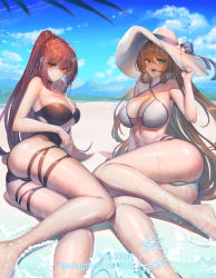 Rule 34 | 2girls, ass, bad id, bad pixiv id, beach, bikini, black one-piece swimsuit, blunt bangs, breasts, brown bikini, brown hair, cleavage, cloud, cloudy sky, commentary request, day, girls&#039; frontline, green eyes, hair ribbon, hair rings, half updo, hat, hat ribbon, large breasts, long hair, mountain, multiple girls, official alternate costume, one-piece swimsuit, outdoors, palms, ponytail, purple hair, red eyes, ribbon, sidelocks, sky, springfield (girls&#039; frontline), springfield (stirring mermaid) (girls&#039; frontline), suerte, sun hat, swimsuit, title, very long hair, wa2000 (girls&#039; frontline), wa2000 (op. manta ray) (girls&#039; frontline), water, white bikini