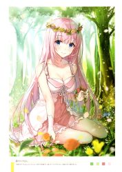 Rule 34 | 1girl, absurdres, blue eyes, blurry, blush, breasts, cleavage, closed mouth, collarbone, day, depth of field, dress, flower wreath, forest, grass, head wreath, highres, huge filesize, light rays, long hair, looking at viewer, medium breasts, nature, outdoors, pink dress, pink hair, scan, shirako miso, sitting, smile, solo, sunlight, thighs, very long hair, yokozuwari