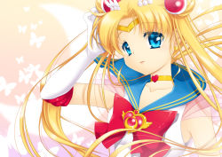 Rule 34 | 1990s (style), 1girl, arm up, bad id, bad pixiv id, bishoujo senshi sailor moon, bishoujo senshi sailor moon supers, blonde hair, blue eyes, blue sailor collar, bow, brooch, bug, butterfly, butterfly background, choker, circlet, collarbone, crescent moon, double bun, elbow gloves, eyes visible through hair, gloves, hair bun, hair ornament, hairpin, hand on own head, heart, heart brooch, heart choker, heart necklace, insect, jewelry, long hair, looking at viewer, magical girl, moon, neck, necklace, p.kibi, parted bangs, red bow, retro artstyle, ribbon, sailor collar, sailor moon, see-through, see-through sleeves, smile, solo, super sailor moon, tiara, tsukino usagi, twintails, upper body, white gloves, yellow choker