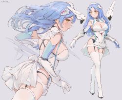 Rule 34 | 1girl, android, artist name, ass, bare shoulders, blue hair, blue panties, blush, boots, breasts, chowbie, cleavage, cowboy shot, dress, elbow gloves, full body, garter straps, gloves, grey background, headgear, large breasts, long hair, maid, maid headdress, multiple views, original, panties, short dress, sideboob, simple background, thigh boots, thighhighs, underwear, upskirt, white dress, white footwear, white gloves, yellow eyes
