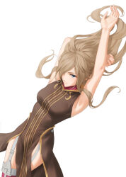 Rule 34 | 1girl, armpits, arms up, bare arms, bare shoulders, blue eyes, breasts, brown dress, brown hair, closed mouth, commentary request, dress, floating hair, garter straps, highres, long hair, looking at viewer, medium breasts, miura-n315, purple thighhighs, sleeveless, sleeveless dress, smile, solo, tales of (series), tales of the abyss, tear grants, thighhighs, very long hair