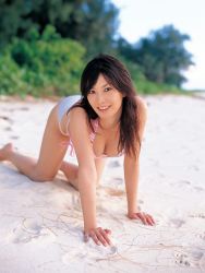 Rule 34 | 1girl, asian, beach, bikini, bikini bottom only, looking at viewer, nagasawa nao, photo (medium), striped, swimsuit, tank top