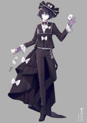 Rule 34 | 1boy, androgynous, belt, black footwear, black hair, black hat, black pants, blue eyes, bow, card, closed mouth, creatures (company), full body, game freak, gen 5 pokemon, gloves, gothitelle, grey background, hat, hat bow, highres, looking at viewer, male focus, merlusa, nintendo, pants, personification, playing card, pokedex number, pokemon, purple gloves, shoes, short hair, smile, solo, solo focus, white belt, white bow