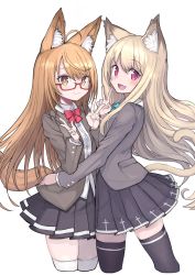 Rule 34 | 2girls, absurdres, animal ear fluff, animal ears, black legwear, blonde hair, breasts, brown eyes, brown hair, brown jacket, cat ears, cat girl, cat tail, dog ears, dog girl, dog tail, dress shirt, glasses, hand on another&#039;s hip, highres, izayoi cha, jacket, long hair, long sleeves, looking at viewer, marika (zeddaru), miniskirt, multiple girls, original, pleated skirt, red eyes, shirt, simple background, skirt, small breasts, smile, tail, thighhighs, v, white background, white legwear, white shirt, zettai ryouiki