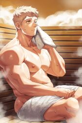 Rule 34 | 1boy, bara, blonde hair, closed mouth, dungeon meshi, highres, laios touden, large pectorals, male focus, muscular, muscular male, naked towel, navel, nifast (greentail), nipples, one eye closed, pectorals, short hair, sitting, solo, steam, towel, twitter username