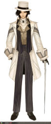 Rule 34 | 1boy, belt, black hair, boots, cane, formal, frills, full body, gathers, gloves, granado espada, hat, jacket, long image, maggi, male focus, pants, pinstripe pattern, shoes, simple background, solo, standing, striped clothes, striped pants, suit, tall image, top hat, upright, watch chain, wizard (granado espada)