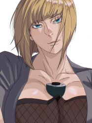 1girl between_breasts blonde_hair blue_eyes breasts cleavage collarbone highres large_breasts looking_at_viewer mattsun_(lyohei) naruto_(series) naruto_shippuuden portrait samui_(naruto) short_hair simple_background solo white_background