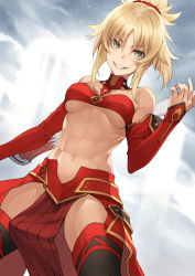 Rule 34 | 1girl, abs, armor, bandeau, banned artist, bare shoulders, black thighhighs, blonde hair, braid, breasts, clarent (fate), detached collar, detached sleeves, fate/apocrypha, fate/grand order, fate (series), faulds, french braid, green eyes, grin, kyoeiki, long hair, looking at viewer, mordred (fate), mordred (fate/apocrypha), navel, parted bangs, pelvic curtain, ponytail, sidelocks, small breasts, smile, solo, sword, thighhighs, thighs, weapon