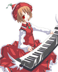 Rule 34 | 1girl, brown hair, frilled hat, frilled shirt collar, frilled skirt, frills, hat, instrument, keyboard (instrument), long skirt, long sleeves, lyrica prismriver, photoshop (medium), red eyes, red hat, red shirt, red skirt, sakuraba yuuki, shirt, short hair, simple background, skirt, solo, star (symbol), touhou, white background
