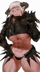 Rule 34 | 1girl, abs, absurdres, animal ears, armor, bikini armor, black armor, blunt bangs, breasts, commentary request, cowboy shot, crop top, faulds, gauntlets, groin, hand on own hip, highres, horns, huge breasts, ibuo (ibukht1015), long hair, looking at viewer, midriff, muscular, muscular female, navel, original, pauldrons, pink eyes, pointy ears, shoulder armor, sidelocks, simple background, smile, solo, spiked armor, standing, thick eyebrows, thick thighs, thighs, underboob, v, white background, white hair