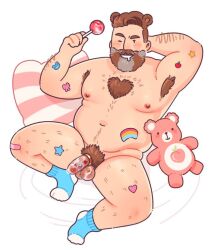 Rule 34 | 1boy, animal ears, armpit hair, armpit hair peek, bandaid, bandaid on knee, bandaid on leg, bara, bear ears, beard, belly, blush, body fur, brown hair, candy, chest tuft, cock ring, completely nude, condom, condom on penis, cum on penis, drooling, excessive armpit hair, facial hair, fat, fat man, flaccid, food, full beard, full body, hairy, heart-shaped body hair, holding, lgbt pride, lollipop, looking at viewer, lying, male focus, male pubic hair, mature male, navel, navel hair, nipples, nude, on back, one eye closed, original, peach emoji, penis, pillow, pink bandaid, porramarquinhos, pubic hair, rainbow print, seductive smile, sex toy, short hair, smile, socks, solid circle eyes, solo, sparse arm hair, sparse chest hair, sparse leg hair, stomach, streaked beard, stuffed animal, stuffed toy, teddy bear, thick beard, thick eyebrows, thick thighs, thighs, too many stickers, uncensored