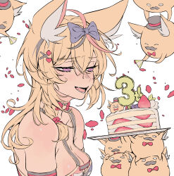 Rule 34 | 1girl, :d, absurdres, animal ear fluff, animal ears, bare shoulders, blonde hair, bow, breasts, cake, cake slice, closed mouth, food, fox ears, from side, hair bow, hair ornament, highres, hololive, kakult2017, long hair, looking at food, medium breasts, multicolored hair, omaru polka, omaru polka (1st costume), open mouth, purple eyes, simple background, smile, solo, strawberry shortcake, streaked hair, virtual youtuber, white background, x hair ornament, zain (omaru polka)