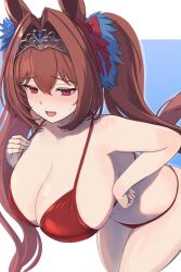 Rule 34 | 1girl, animal ears, bare arms, bare shoulders, blush, bow, breasts, commentary request, commission, daiwa scarlet (umamusume), enumiyaa, fang, hair between eyes, hair bow, hair intakes, highres, horse ears, horse girl, horse tail, large breasts, leaning forward, long hair, looking down, nose blush, open mouth, purple background, red bow, red eyes, red hair, skeb commission, skin fang, solo, sweat, tail, tiara, twintails, two-tone background, umamusume, white background
