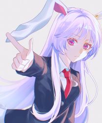 Rule 34 | 1girl, animal ears, black jacket, blazer, blouse, breasts, buttons, collared shirt, crescent, crescent pin, finger gun, highres, jacket, light purple hair, long hair, long sleeves, looking at viewer, n s i oo, necktie, purple hair, rabbit ears, rabbit girl, red eyes, red necktie, reisen udongein inaba, shirt, solo, touhou, very long hair, white shirt