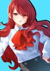 Rule 34 | 1girl, black skirt, bow, bowtie, collared shirt, edamameoka, gekkoukan high school uniform, hand on own hip, highres, kirijou mitsuru, light blue background, long hair, long sleeves, looking at viewer, parted lips, persona, persona 3, red bow, red bowtie, red eyes, red hair, school uniform, shirt, skirt, solo, upper body, very long hair, white shirt