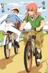 Rule 34 | 10s, 2boys, bicycle, bridge, cloud, day, grin, headband, ibuki munemasa, inazuma eleven (series), inazuma eleven go, inazuma eleven go galaxy, jacket, kirino ranmaru, long hair, looking back, male focus, multiple boys, open clothes, open jacket, pants, pink hair, riding, riding bicycle, river, sekina, shinsei inazuma japan, short hair, sky, smile, track jacket, track pants, track suit, translation request, twintails