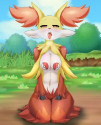 Rule 34 | 1girl, absurdres, animal ear fluff, animal ears, animal nose, blue sky, blush, body fur, breasts, breasts squeezed together, breath, bush, clenched hands, cloud, covered erect nipples, creatures (company), day, delphox, drooling, fangs, female focus, fox ears, fox girl, full body, furry, furry female, game freak, gen 6 pokemon, grass, half-closed eyes, hands on own thighs, heart, heart-shaped pupils, highres, hitmanatee, kneeling, large breasts, looking at viewer, multicolored fur, navel, nintendo, on ground, open mouth, oral invitation, outdoors, pasties, poke ball symbol, pokemon, pokemon (creature), raised eyebrows, red eyes, red fur, saliva, seiza, sitting, sky, solo, stomach, straight-on, symbol-shaped pupils, teeth, thick thighs, thighs, tongue, tongue out, white fur, yellow fur