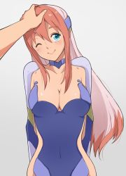 Rule 34 | 1girl, birdy cephon altera, blue eyes, blue leotard, breasts, cleavage, closed mouth, covered navel, dyed bangs, headpat, large breasts, leotard, long hair, looking at viewer, memodraws, multicolored hair, pink hair, simple background, smile, solo focus, tetsuwan birdy, tetsuwan birdy decode, two-tone hair