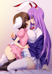 Rule 34 | 2girls, absurdres, animal ears, ass, asymmetrical docking, bed sheet, blazer, blue jacket, blush, breast press, breasts, brown hair, bulge, dress, erection, erection under clothes, eye contact, feet out of frame, french kiss, from side, futa with female, futanari, gradient background, grey background, hair between eyes, handjob, handjob over clothes, highres, hijikawa arashi, inaba tewi, jacket, kiss, kneeling, large breasts, long hair, long sleeves, looking at another, miniskirt, multiple girls, necktie, off shoulder, penis, penis grab, pink dress, pleated skirt, puffy short sleeves, puffy sleeves, purple hair, purple skirt, rabbit ears, rabbit girl, rabbit tail, red eyes, red neckwear, reisen udongein inaba, shirt, short dress, short hair, short sleeves, sitting, skirt, small breasts, tail, thighhighs, thighs, tongue, tongue out, touhou, very long hair, white legwear, white shirt