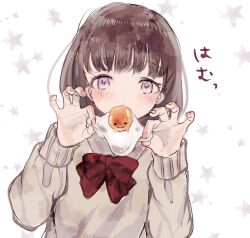 Rule 34 | 1girl, blush stickers, bow, bowtie, brown hair, cardigan, covered mouth, eating, egg (food), egg yolk, food, fried egg, grey cardigan, holding, holding food, light blush, long sleeves, looking at viewer, nail polish, original, pink eyes, pink nails, purple eyes, red bow, red bowtie, sanrio, simple background, solo, sound effects, star (symbol), supika, upper body, white background