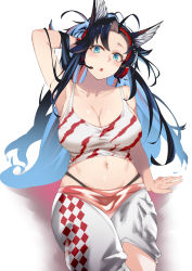 Rule 34 | 1girl, absurdres, animal ears, argyle, arknights, arm behind head, bare shoulders, black hair, blaze (arknights), blaze (burst feline) (arknights), blue eyes, blush, breasts, cat ears, cleavage, crop top, headphones, headset, highres, large breasts, long hair, looking at viewer, midriff, mile miluo, navel, official alternate costume, panty straps, simple background, sitting, solo, tank top, triangle mouth, very long hair, white background